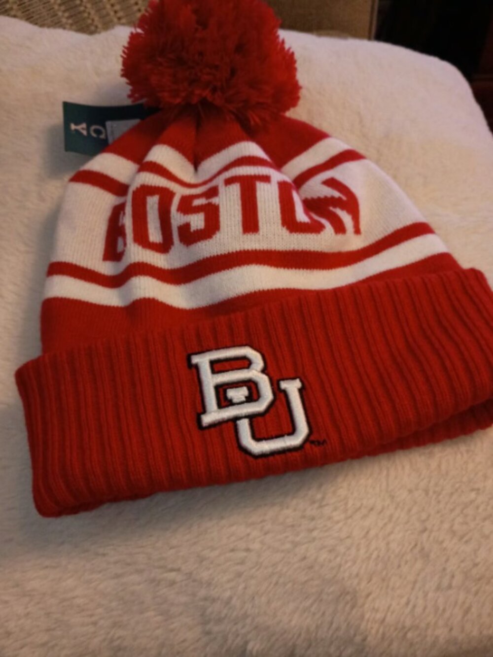 Boston University Red White Knit Pom Beanie Hat